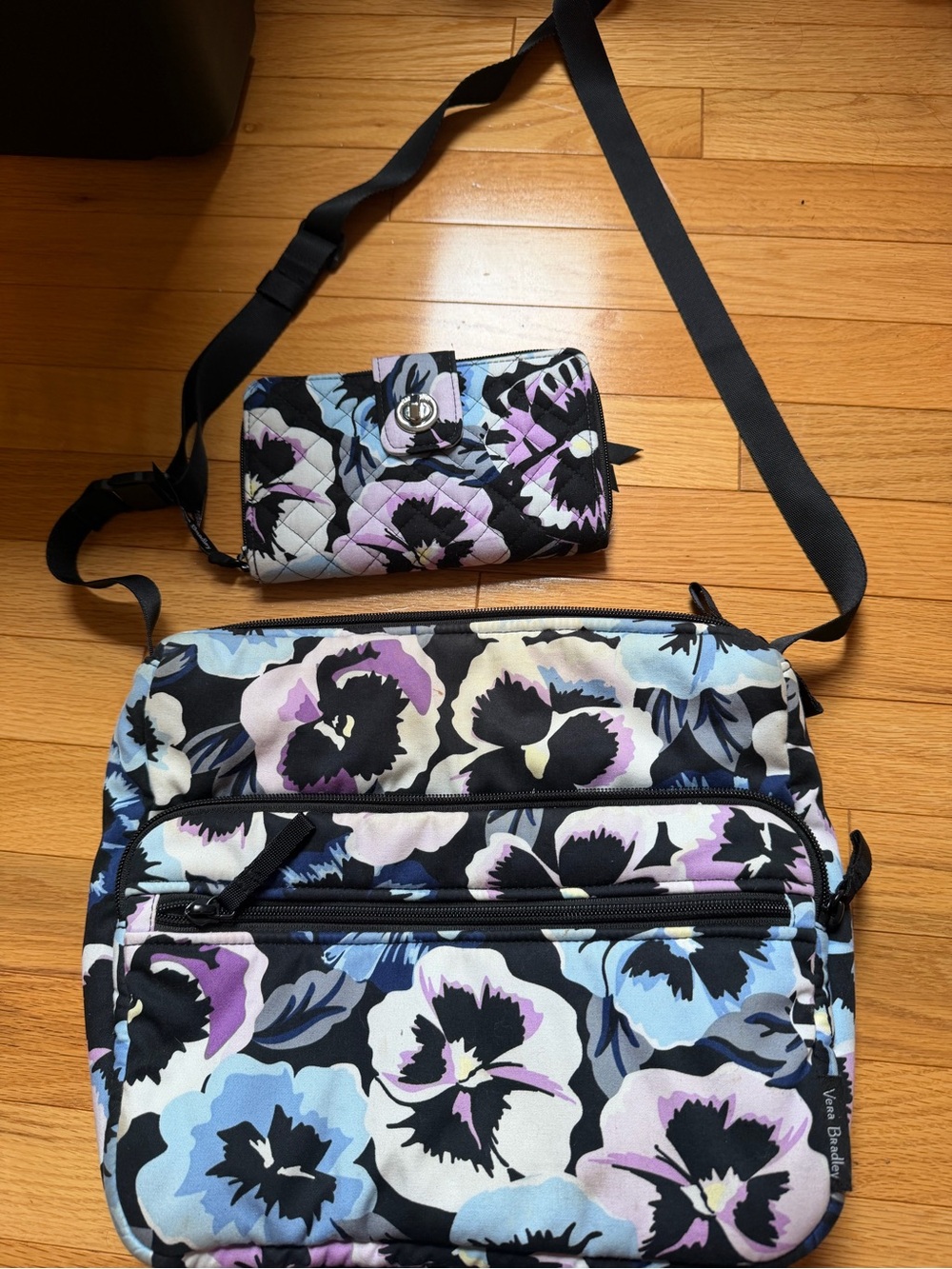 Vera Bradley Floral Crossbody Bag and Wallet Set - Black Lavender Blue